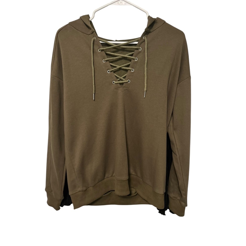 Lace-Up Hoodie Olive Green Long Sleeve‎ Casual Pullover Sweatshirt